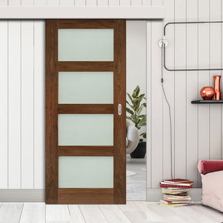 Image: Single Sliding Door & Wall Track - Coventry Prefinished Walnut Shaker Style Door - Frosted Glass