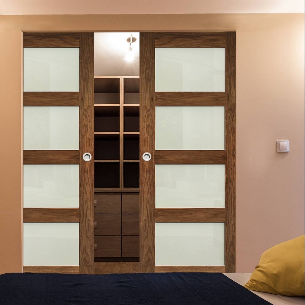 Coventry Walnut Shaker Style Absolute Evokit Double Pocket Doors - Frosted Glass - Prefinished