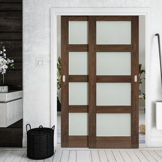 Image: Pass-Easi Two Sliding Doors and Frame Kit - Coventry Prefinished Walnut Shaker Style Door - Frosted Glass