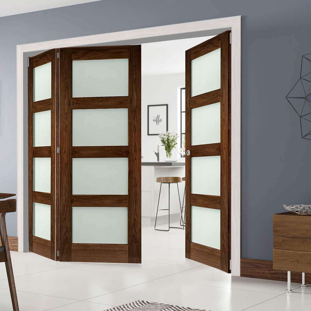 Three Folding Doors & Frame Kit - Coventry Walnut Shaker 2+1 - Frosted Glass - Prefinished