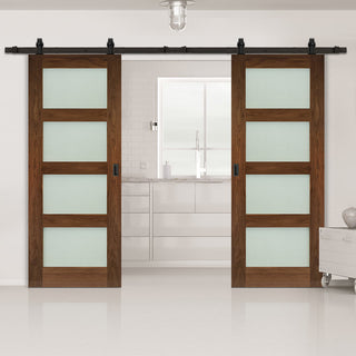 Image: Top Mounted Black Sliding Track & Coventry Prefinished Walnut Shaker Style Double Door - Frosted Glass