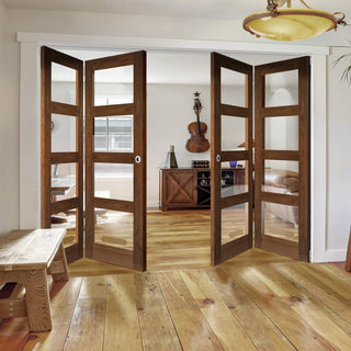 Image: Four Folding Doors & Frame Kit - Coventry Walnut Shaker 2+2 - Clear Glass - Prefinished