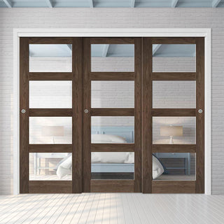 Image: Pass-Easi Three Sliding Doors and Frame Kit - Coventry Prefinished Walnut Shaker Style Door - Clear Glass