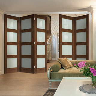 Image: Five Folding Doors & Frame Kit - Coventry Walnut Shaker 3+2 - Frosted Glass - Prefinished