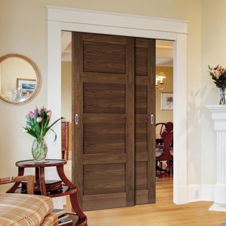 Image: Pass-Easi Two Sliding Doors and Frame Kit - Coventry Prefinished Walnut Shaker Style Door