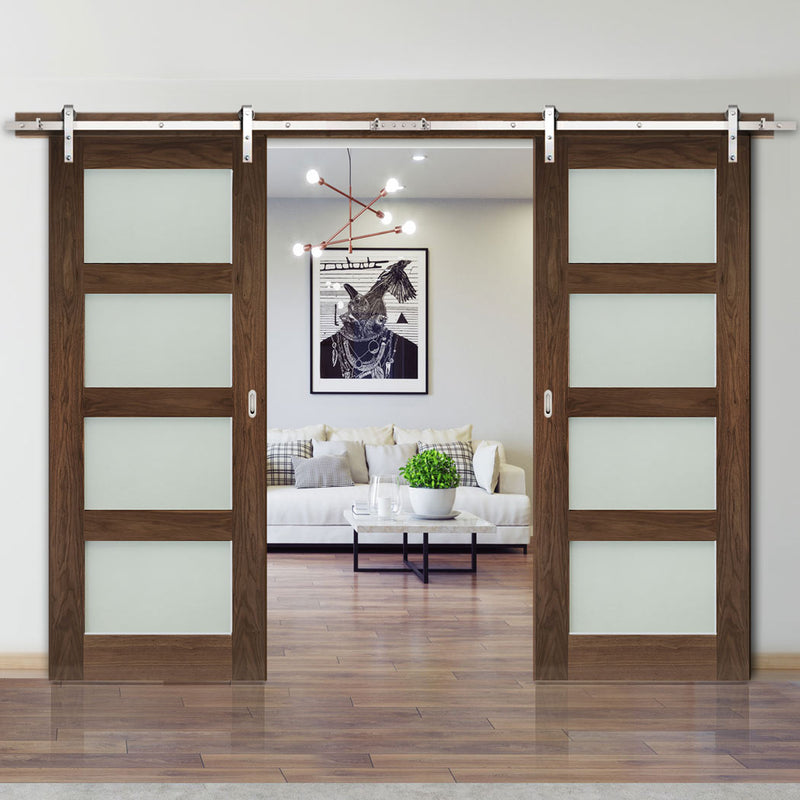 Double Sliding Door & Stainless Barn Steel Track - Coventry Walnut Prefinished Shaker Style Door - Frosted Glass