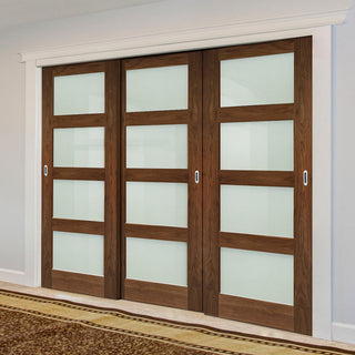 Image: Pass-Easi Three Sliding Doors and Frame Kit - Coventry Prefinished Walnut Shaker Style Door - Frosted Glass