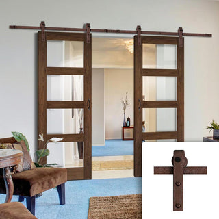 Image: Double Sliding Door & Straight Antique Rust Track - Coventry Walnut Prefinished Shaker Style Door - Clear Safety Glass