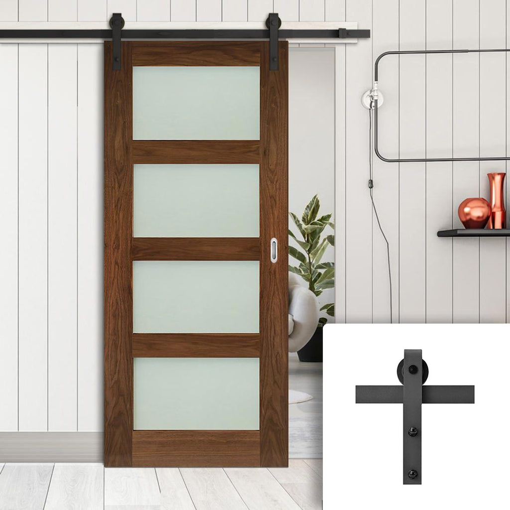 Single Sliding Door & Black Barn Track - Coventry Walnut Prefinished Shaker Style Door - Frosted Glass