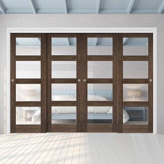 Image: Pass-Easi Four Sliding Doors and Frame Kit - Coventry Prefinished Walnut Shaker Style Door - Clear Glass