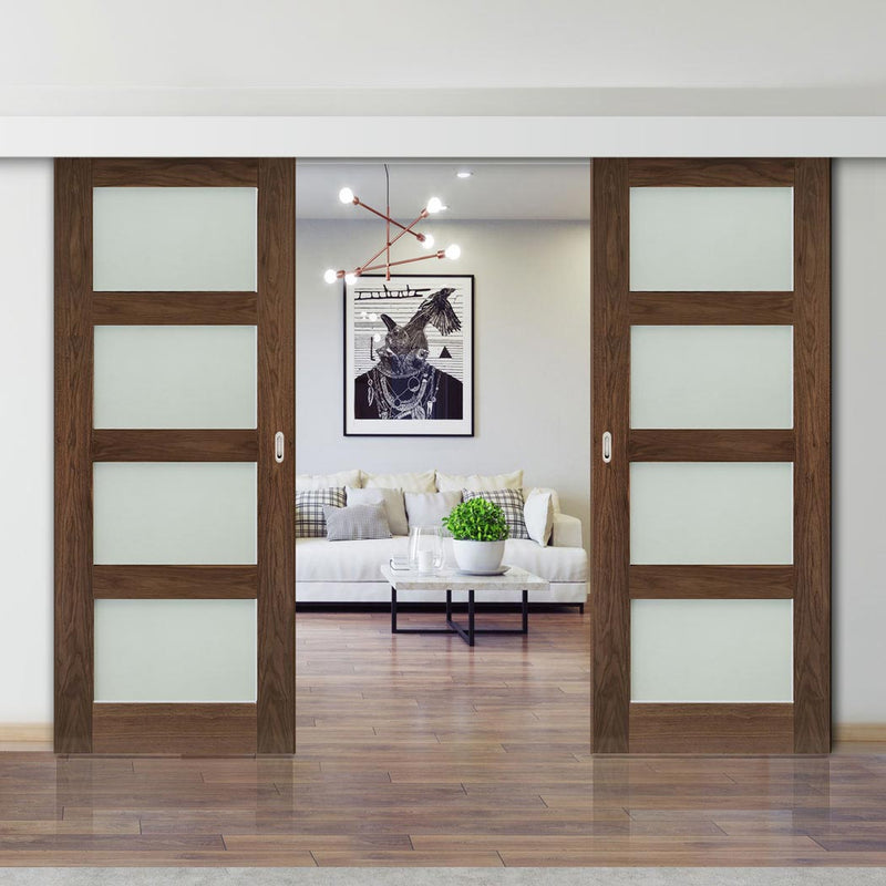 Double Sliding Door & Wall Track - Coventry Prefinished Walnut Shaker Style Door - Frosted Glass