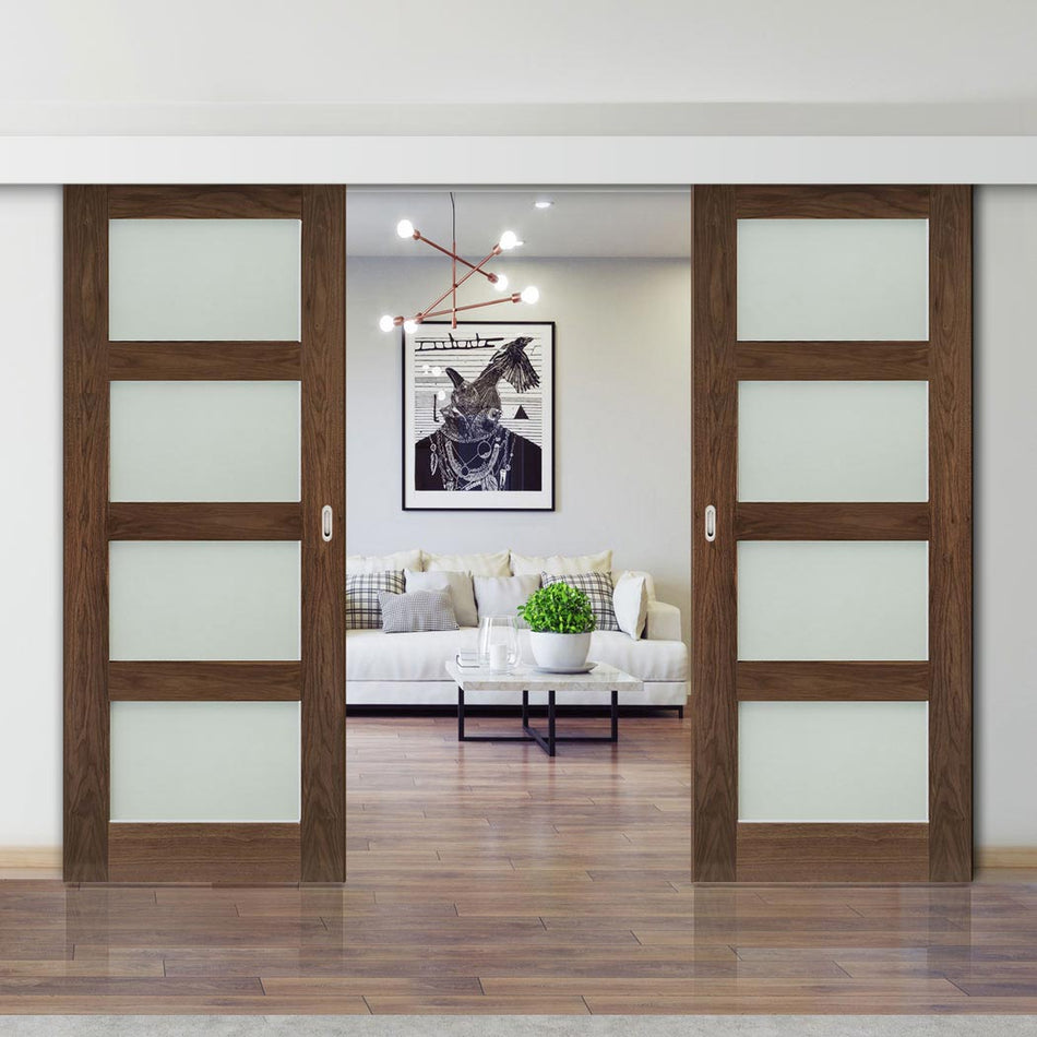 Double Sliding Door & Wall Track - Coventry Prefinished Walnut Shaker Style Door - Frosted Glass