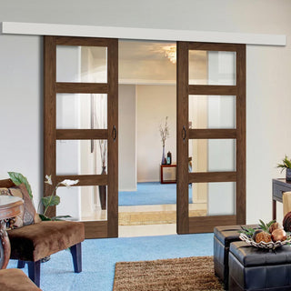 Image: Double Sliding Door & Wall Track - Coventry Prefinished Walnut Shaker Style Door - Clear Glass