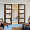 Double Sliding Door & Wall Track - Coventry Prefinished Walnut Shaker Style Door - Clear Glass