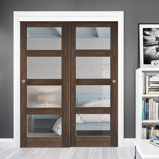 Image: Pass-Easi Two Sliding Doors and Frame Kit - Coventry Prefinished Walnut Shaker Style Door - Clear Glass