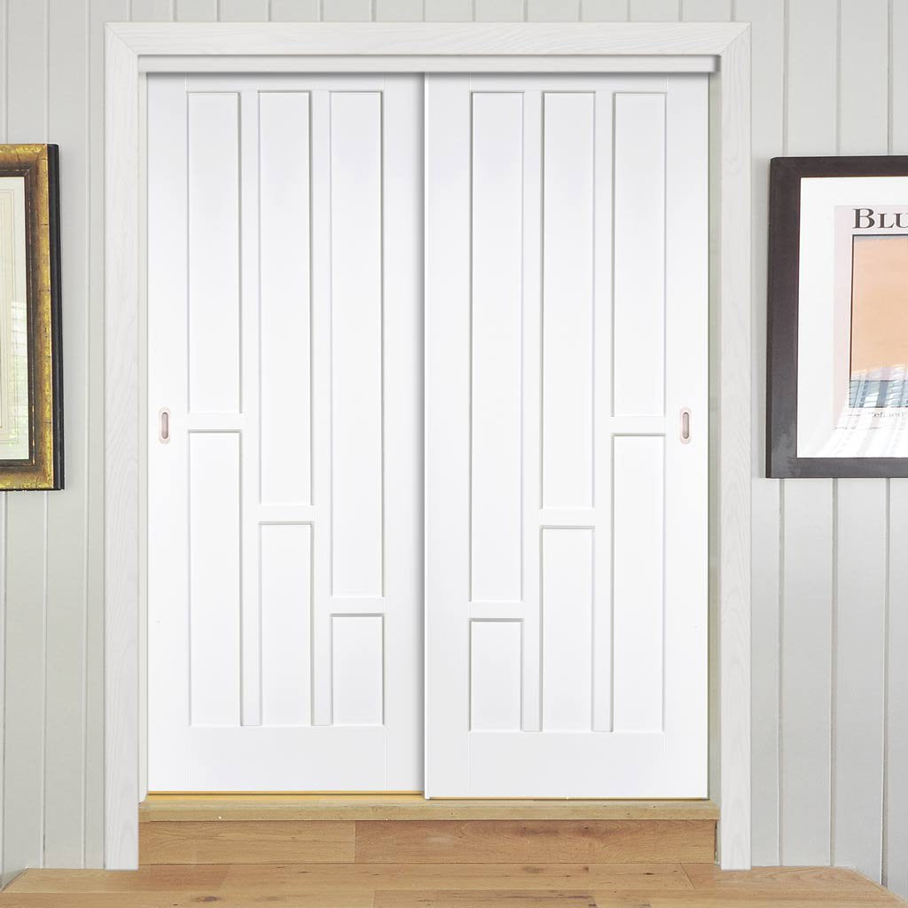 Two Sliding Wardrobe Doors & Frame Kit - Coventry Panel Door - White Primed