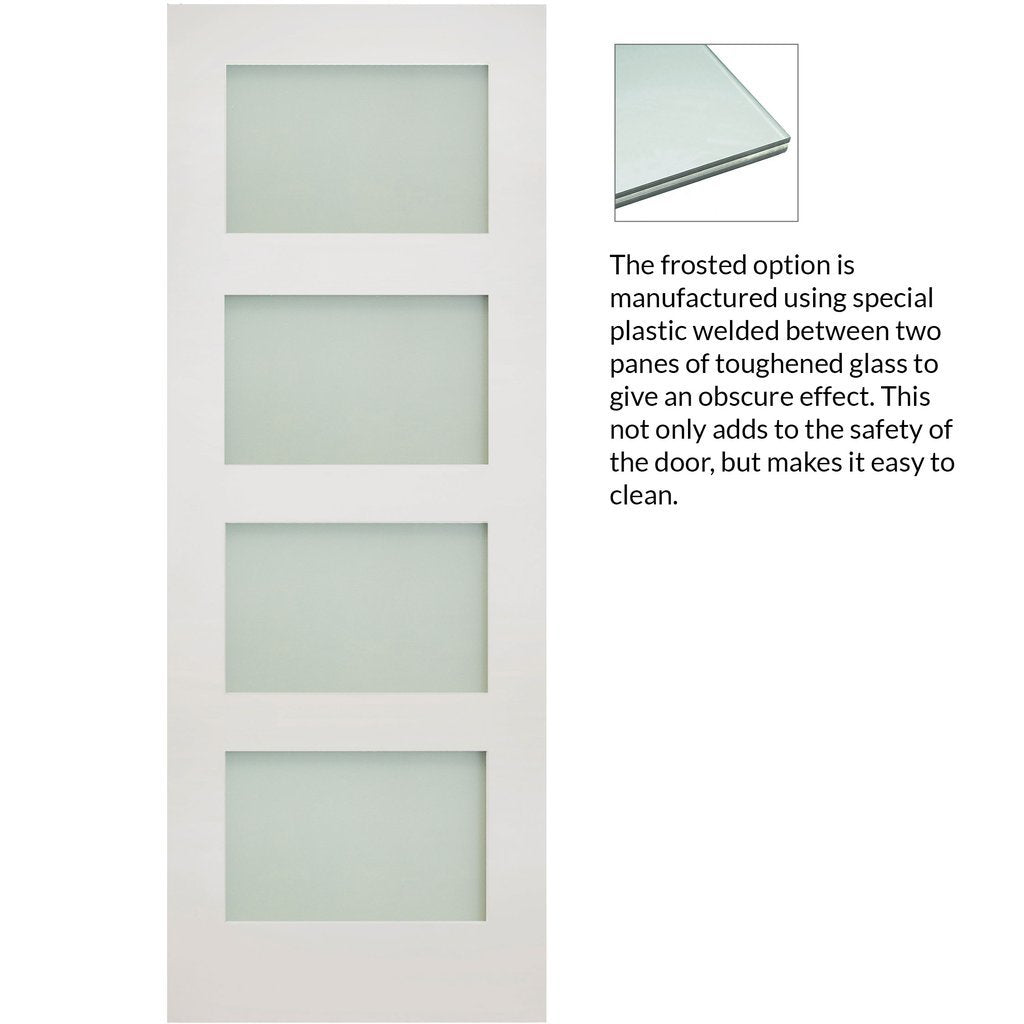 Coventry Shaker Staffetta Twin Telescopic Pocket Doors - Frosted Glass - White Primed