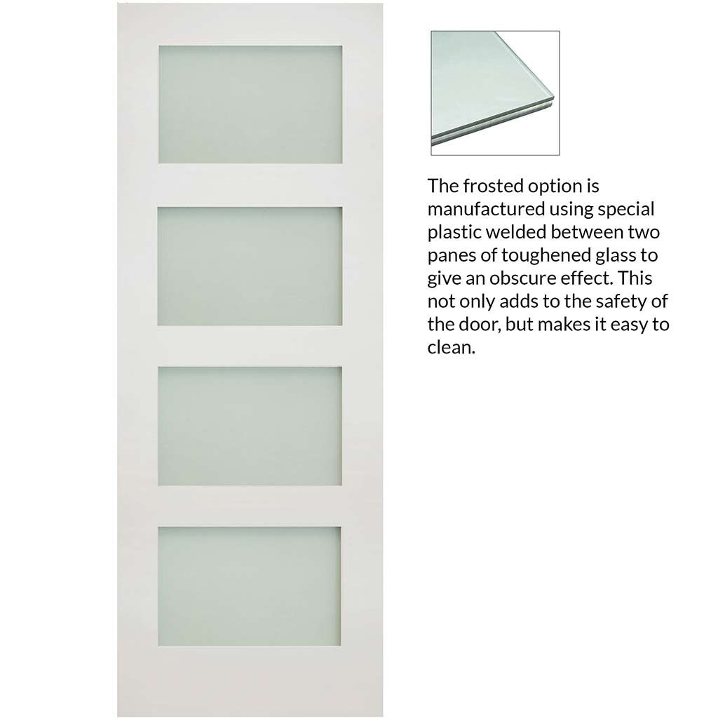 Four Folding Doors & Frame Kit - Coventry Shaker 2+2 - Frosted Glass - White Primed