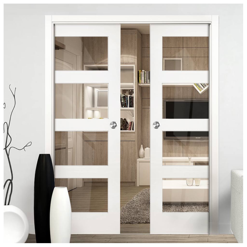 Coventry Shaker Double Evokit Pocket Doors - Clear Glass - White Primed