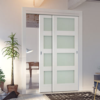 Image: Pass-Easi Two Sliding Doors and Frame Kit - Coventry White Primed Shaker Door - Frosted Glass
