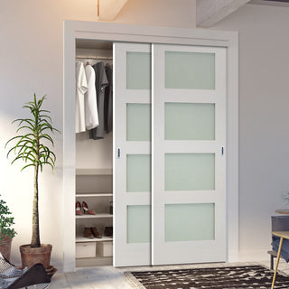 Image: Two Sliding Maximal Wardrobe Doors & Frame Kit - Coventry White Primed Shaker Door - Frosted Glass