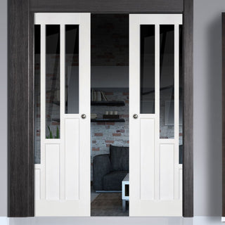 Image: Coventry Style Double Evokit Pocket Door - Clear Glass - White Primed