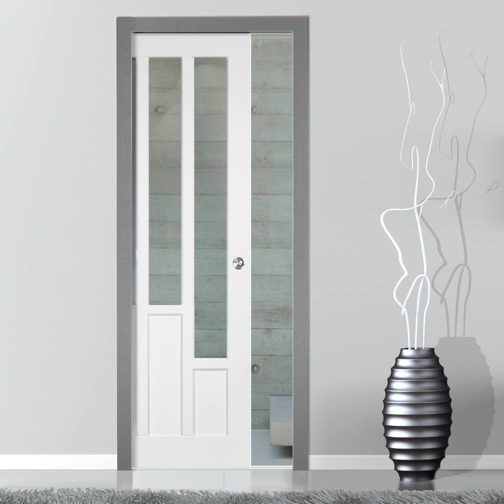 Coventry Style Single Evokit Pocket Door - Clear Glass - White Primed