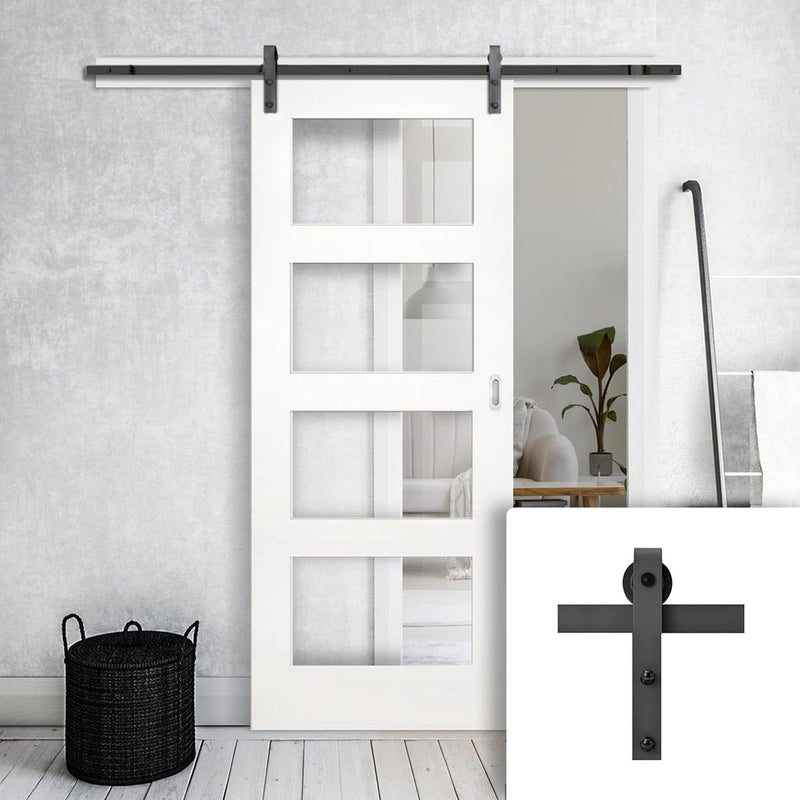 Single Sliding Door & Black Barn Track - Coventry White Primed Shaker Door - Clear Glass