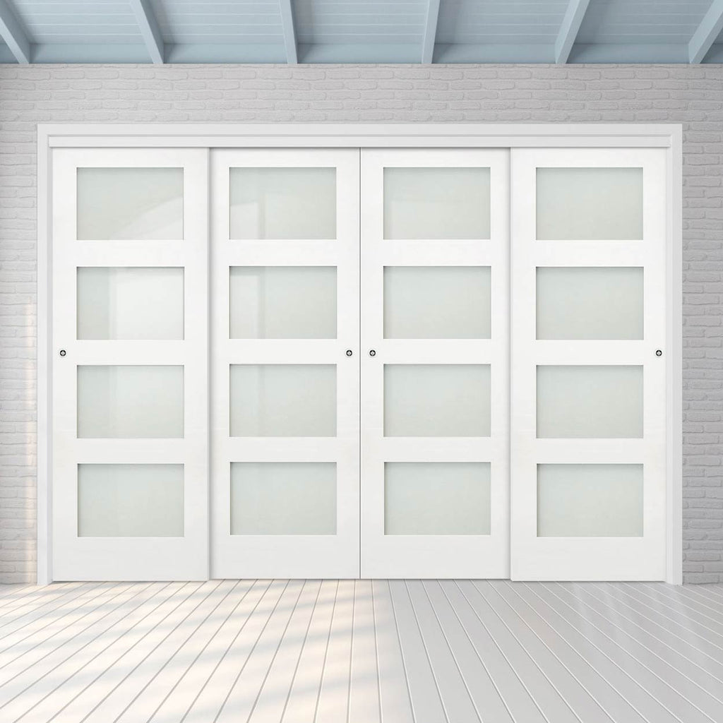 Pass-Easi Four Sliding Doors and Frame Kit - Coventry White Primed Shaker Door - Frosted Glass