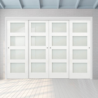 Image: Pass-Easi Four Sliding Doors and Frame Kit - Coventry White Primed Shaker Door - Frosted Glass