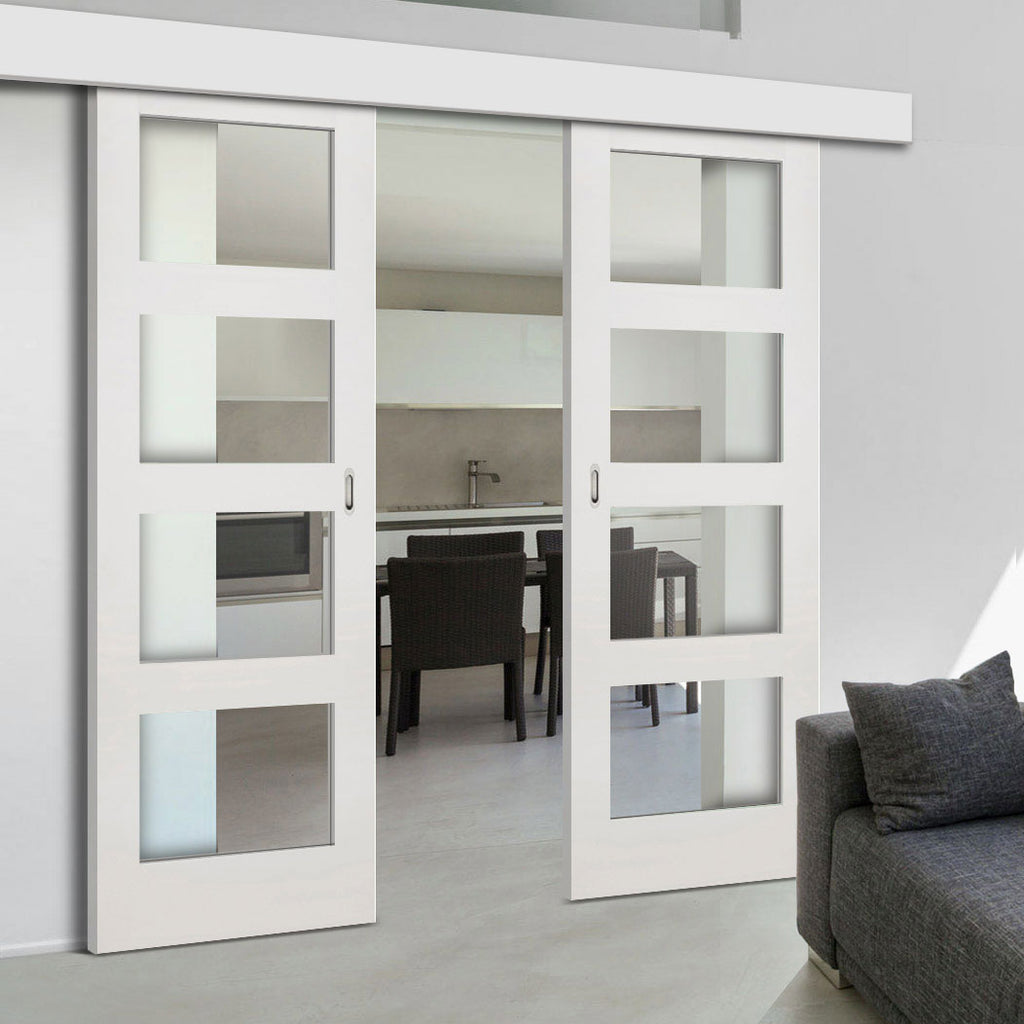 Double Sliding Door & Wall Track - Coventry White Primed Shaker Door - Clear Glass