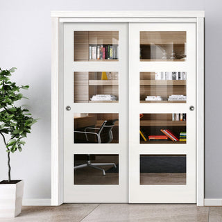 Image: Pass-Easi Two Sliding Doors and Frame Kit - Coventry White Primed Shaker Door - Clear Glass