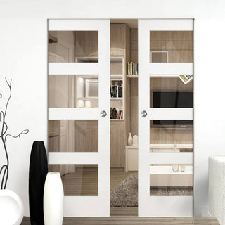 Image: Coventry Shaker Absolute Evokit Double Pocket Doors - Clear Glass - White Primed