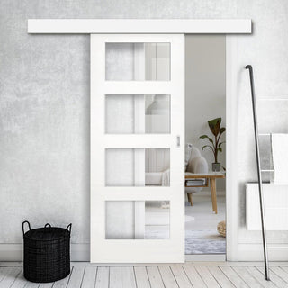 Image: Single Sliding Door & Wall Track - Coventry White Primed Shaker Door - Clear Glass