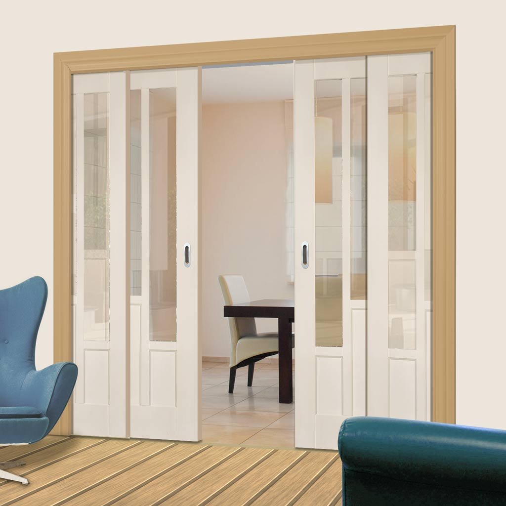 Coventry Style Staffetta Quad Telescopic Pocket Doors - Clear Glass - White Primed