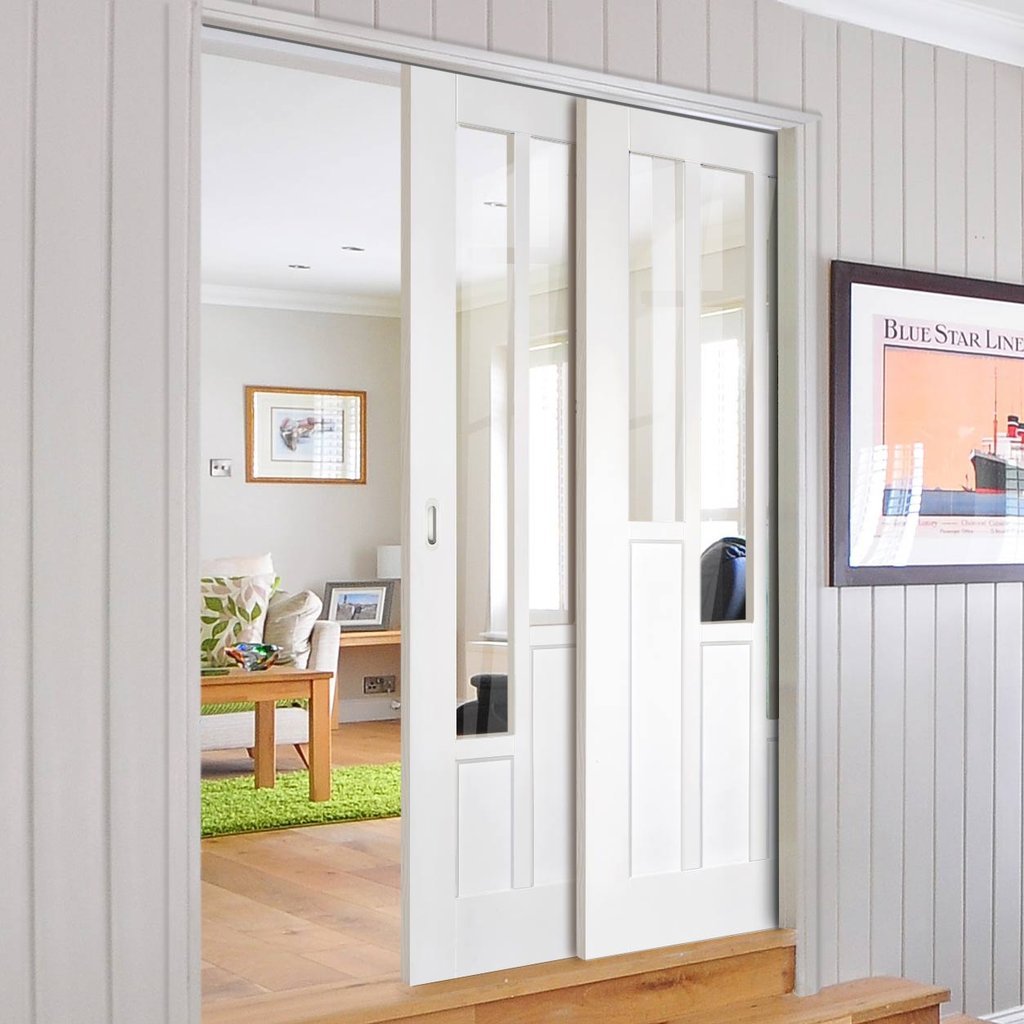 Coventry Style Staffetta Twin Telescopic Pocket Doors - Clear Glass - White Primed