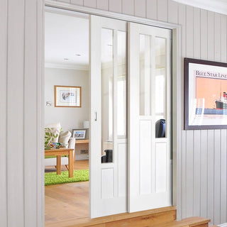 Image: Coventry Style Staffetta Twin Telescopic Pocket Doors - Clear Glass - White Primed