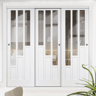 Image: Three Sliding Doors and Frame Kit - Coventry Door - Clear Glass - White Primed