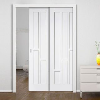 Image: Coventry Style Panel Staffetta Twin Telescopic Pocket Doors - White Primed