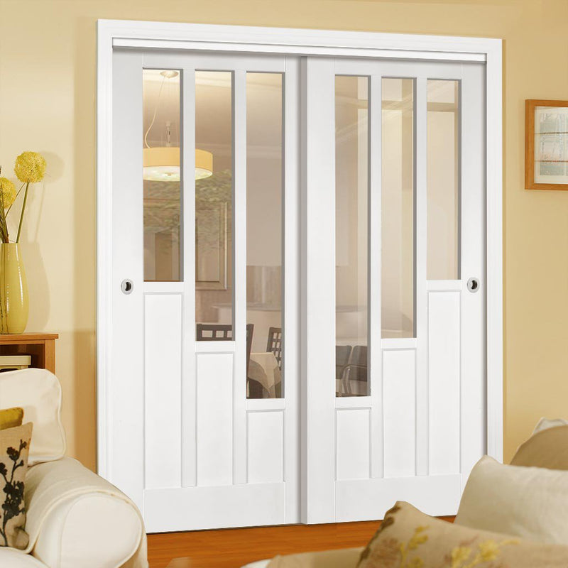 Two Sliding Doors and Frame Kit - Coventry Door - Clear Glass - White Primed