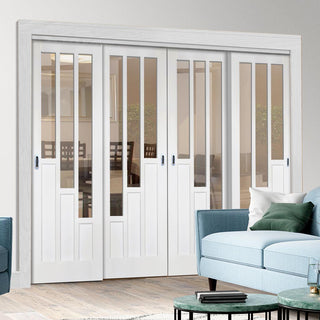 Image: Four Sliding Doors and Frame Kit - Coventry Door - Clear Glass - White Primed
