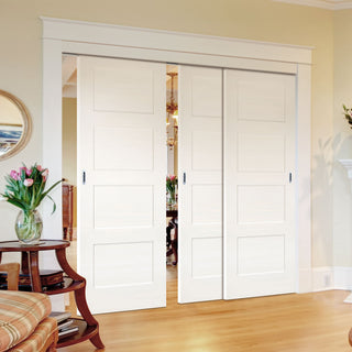 Image: Pass-Easi Three Sliding Doors and Frame Kit - Coventry White Primed Shaker Door