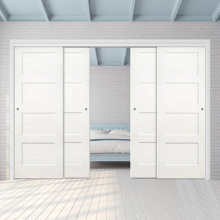 Image: Pass-Easi Four Sliding Doors and Frame Kit - Coventry White Primed Shaker Door