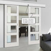 Double Sliding Door & Wall Track - Coventry White Primed Shaker Door - Clear Glass