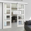 Double Sliding Door & Wall Track - Coventry White Primed Shaker Door - Clear Glass