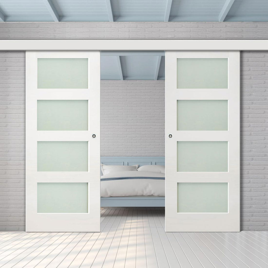 Double Sliding Door & Wall Track - Coventry White Primed Shaker Door - Frosted Glass