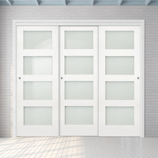 Image: Pass-Easi Three Sliding Doors and Frame Kit - Coventry White Primed Shaker Door - Frosted Glass