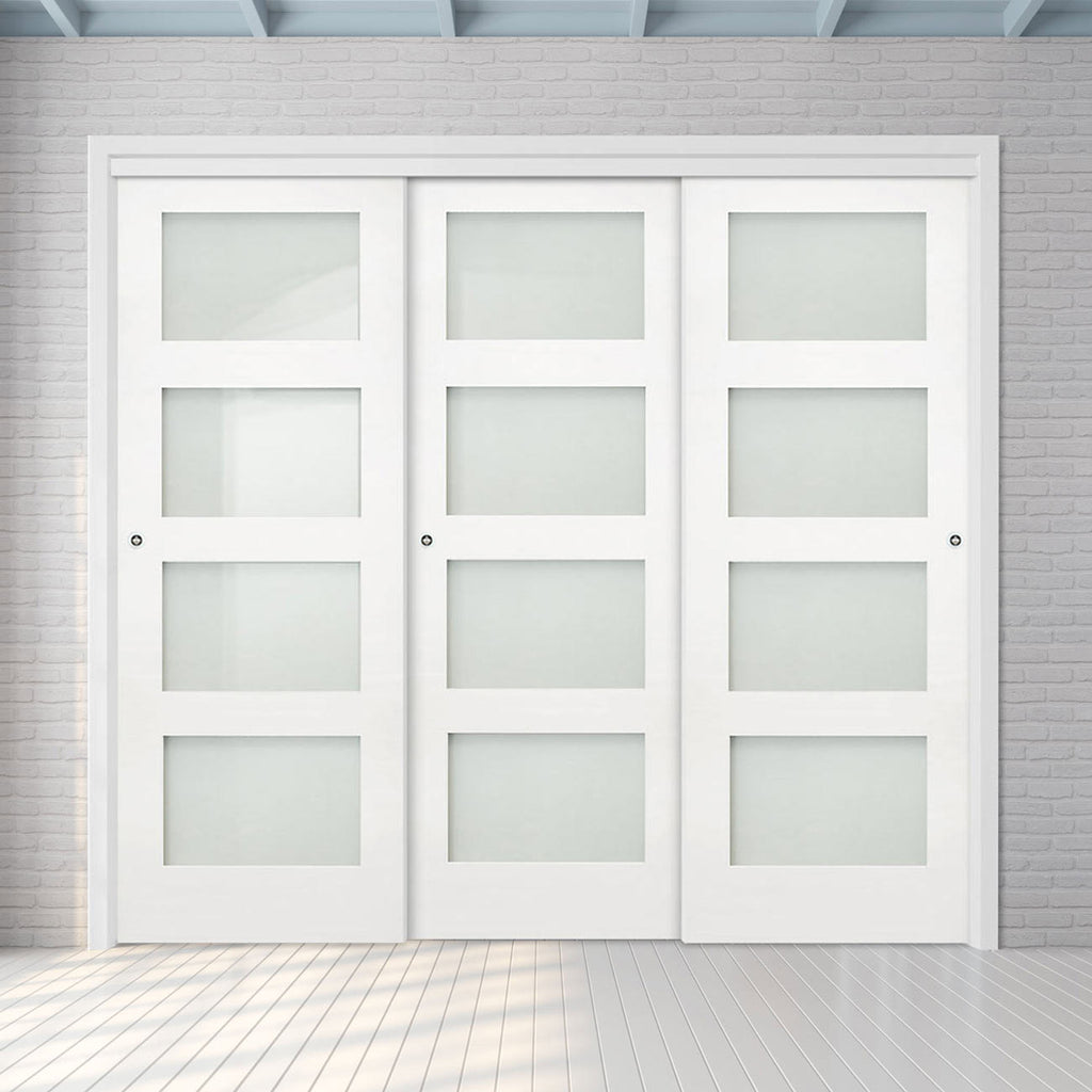 Three Sliding Maximal Wardrobe Doors & Frame Kit - Coventry White Primed Shaker Door - Frosted Glass