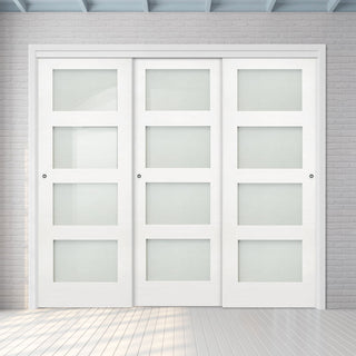 Image: Three Sliding Maximal Wardrobe Doors & Frame Kit - Coventry White Primed Shaker Door - Frosted Glass
