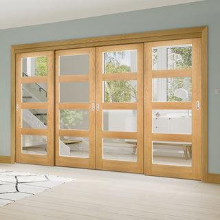 Image: Pass-Easi Four Sliding Doors and Frame Kit - Coventry Oak Door - Clear Glass - Prefinished